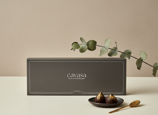 Cavasa box with figs and a spoon on a beige background