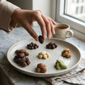 Hand picking Cavasa chocolate dragées from a plate beside a cup of tea
