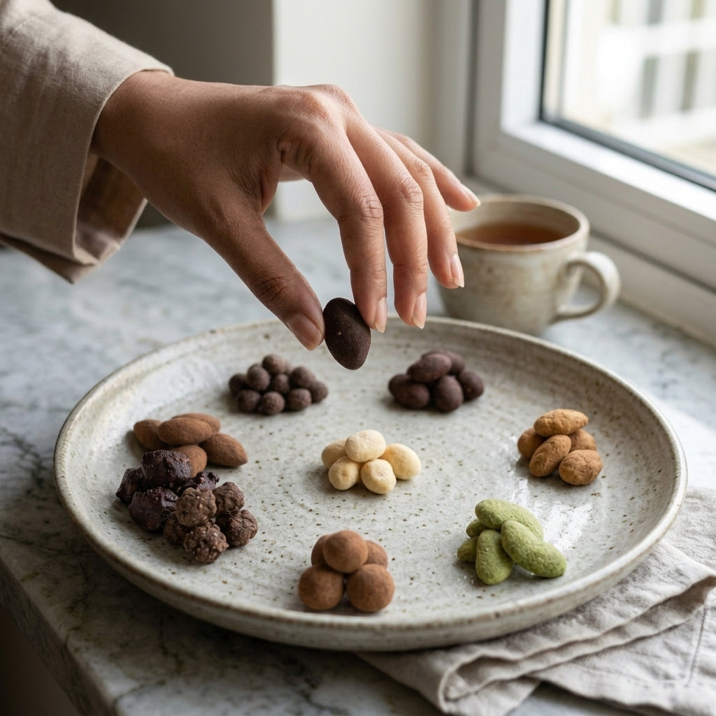 Hand picking Cavasa chocolate dragées from a plate beside a cup of tea